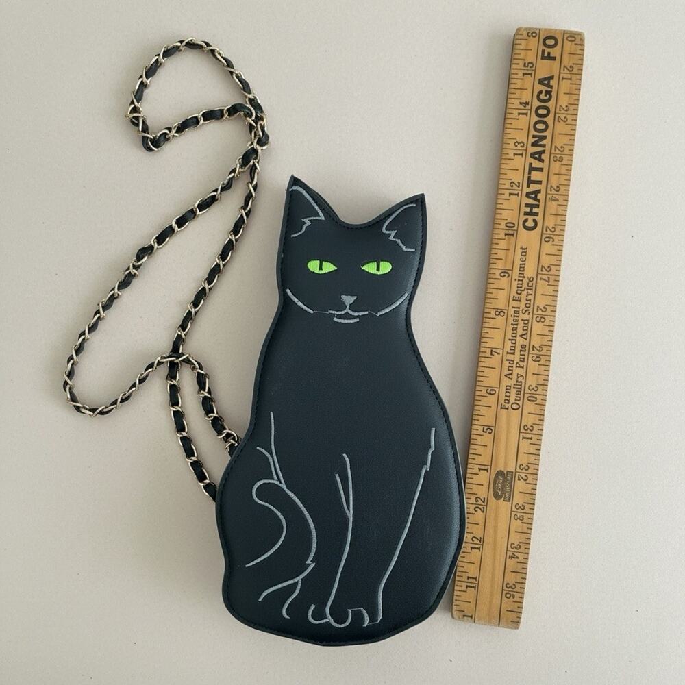 Black Cat Crossbody Purse Kitten Gold Chain Handbag Halloween Green Eyes Kitty